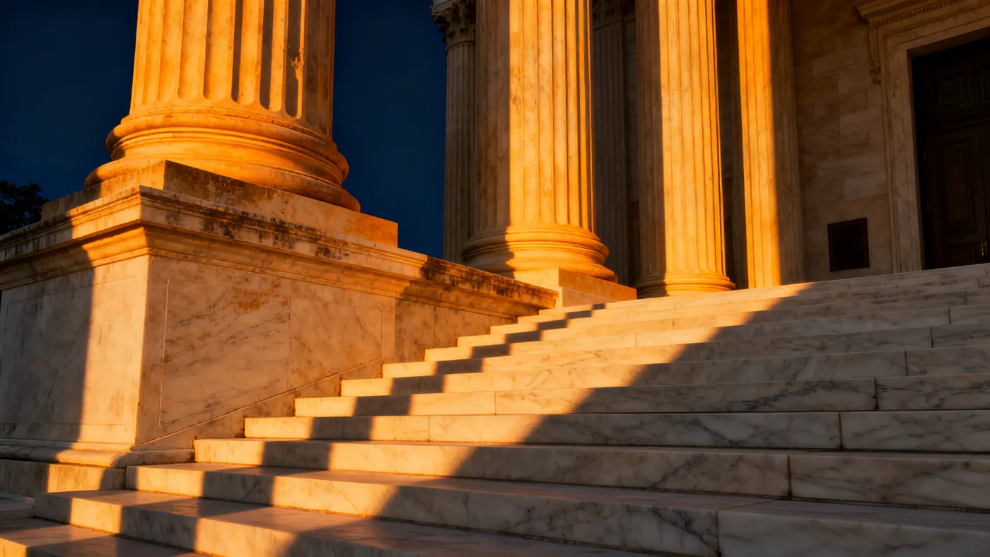 Courthouse columns glowing gold at dusk in Houston