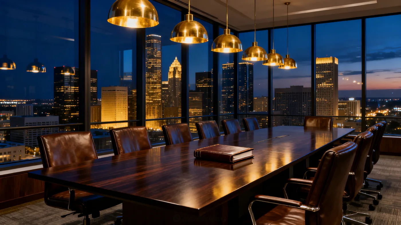 MERIT Law conference room above the Houston skyline at dusk