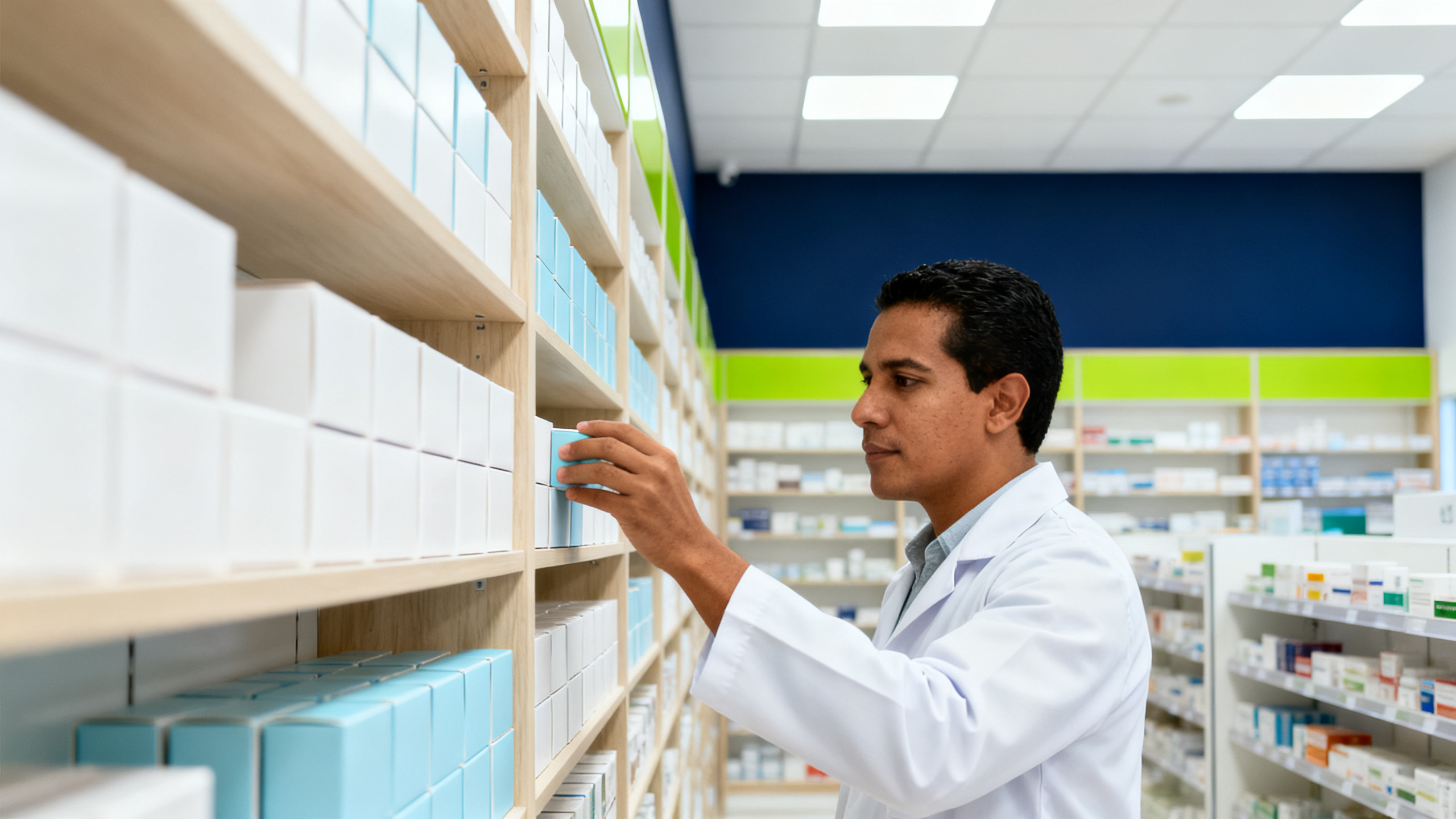 Mano de un auxiliar tomando una caja de medicamento de un anaquel de madera clara