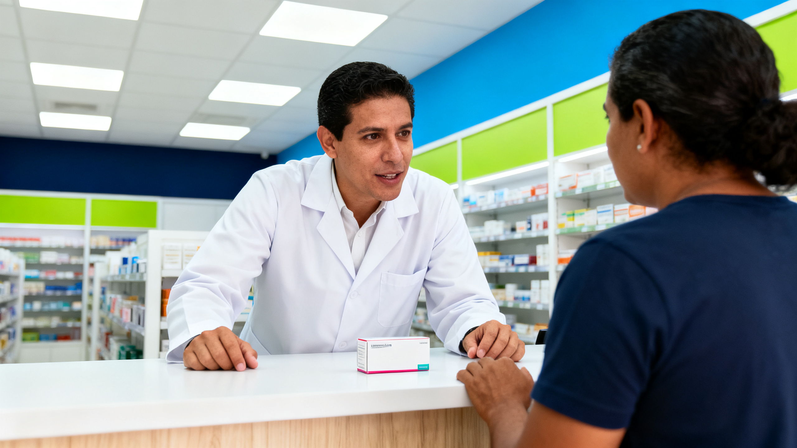 Farmacéutico explicando una caja de medicamento a una clienta en el mostrador