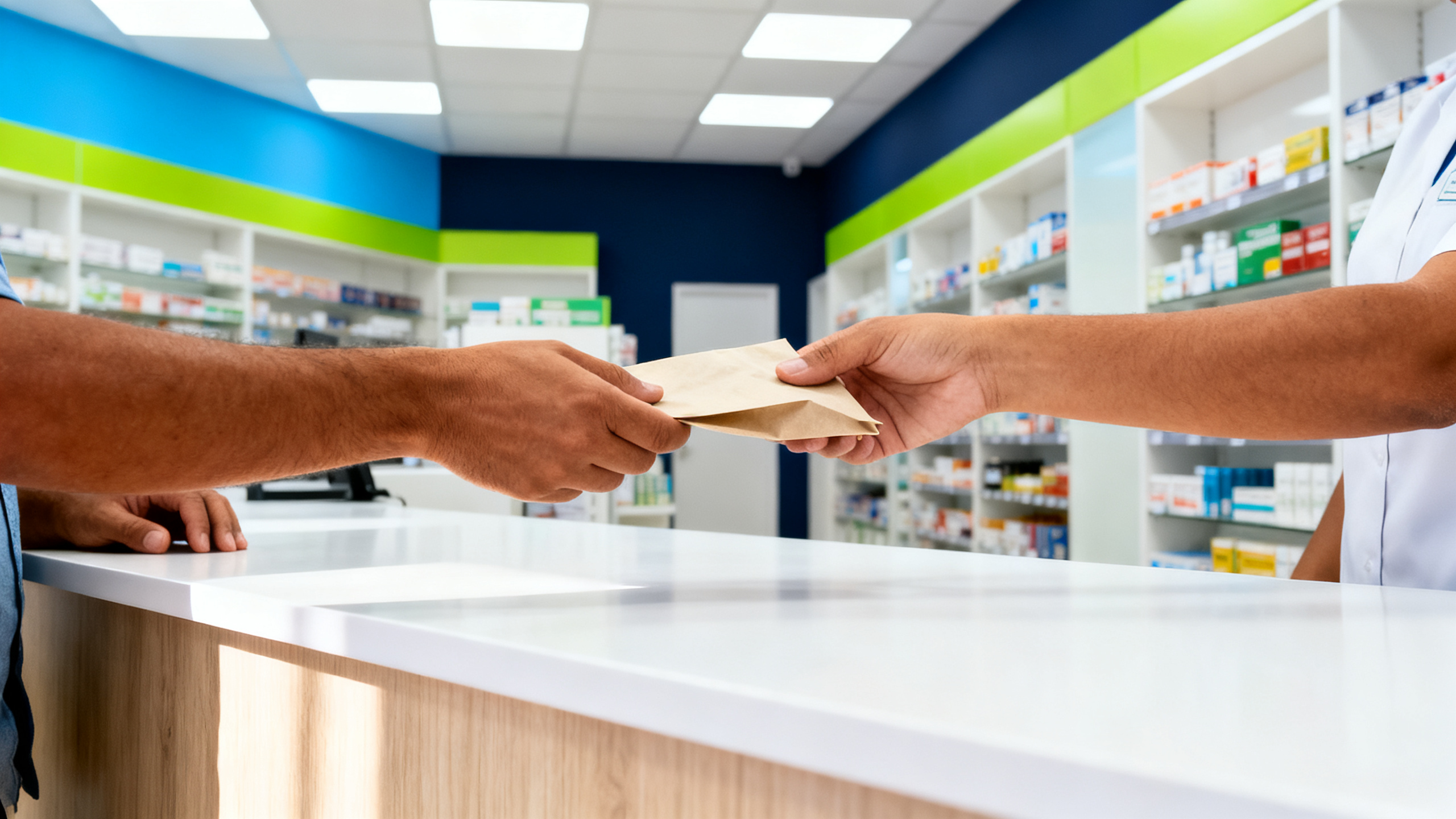 Manos entregando una bolsa de papel con el pedido por encima del mostrador