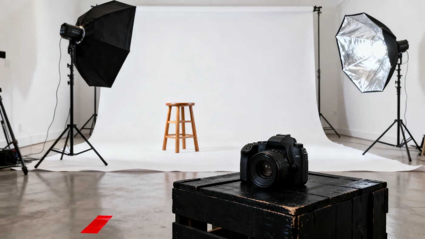 White seamless portrait set with beauty dish at OBTURA Studio