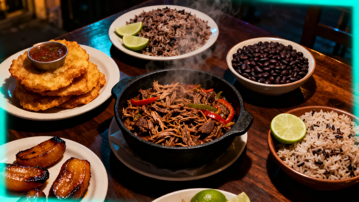 Cuban family-style spread: ropa vieja, moros, tostones and maduros on a walnut table