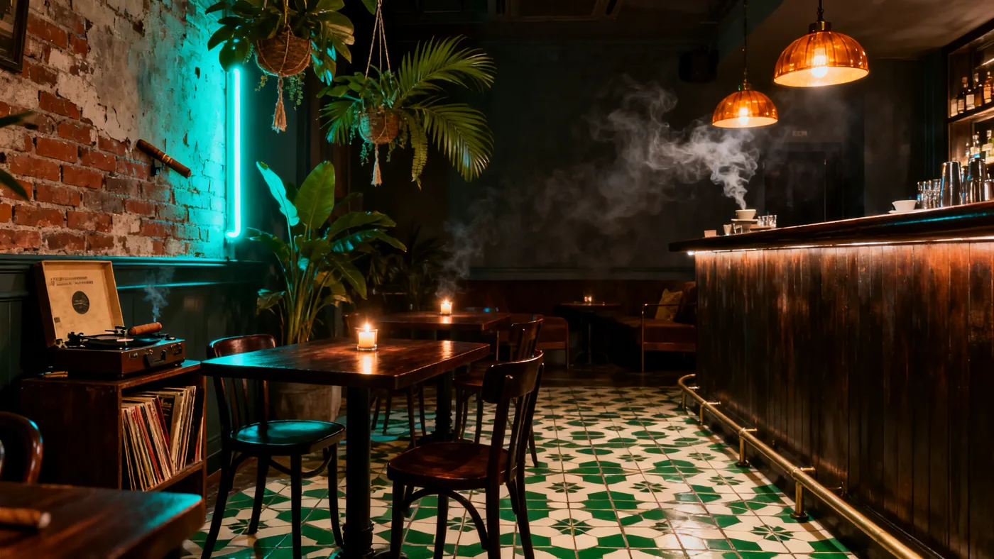 OCHO dining room at night: Cuban tile floor, candles, teal neon on the brick wall