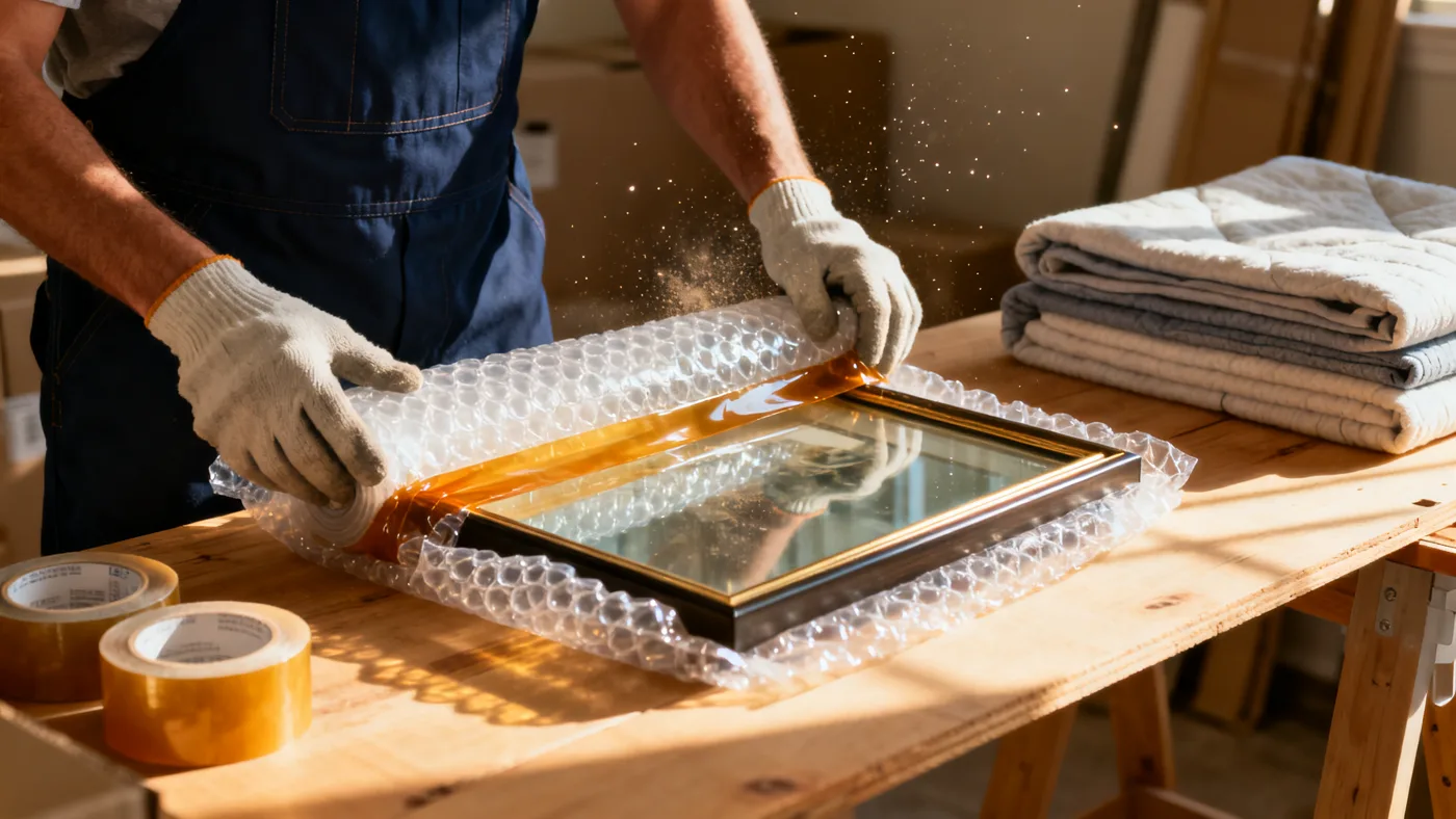 PORTWAY crew hands wrapping a glass frame in bubble wrap