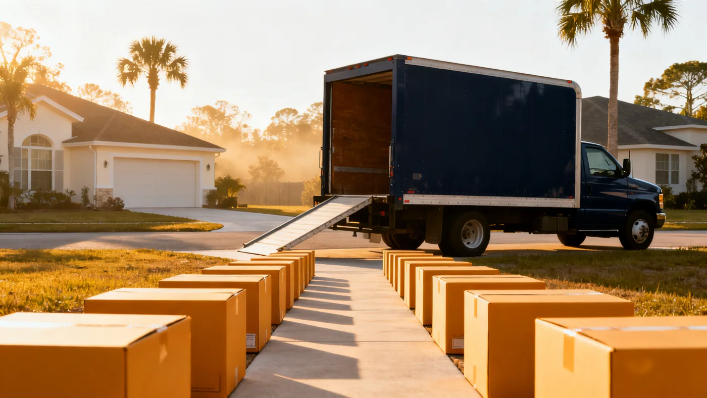 Ordered rows of moving boxes leading to a PORTWAY truck in a Tampa driveway