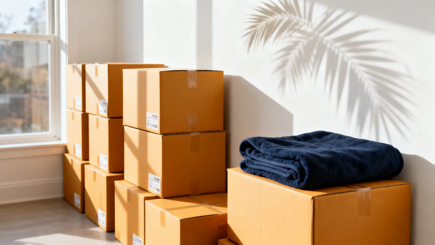 Labeled moving boxes stacked neatly in a sunlit Tampa living room