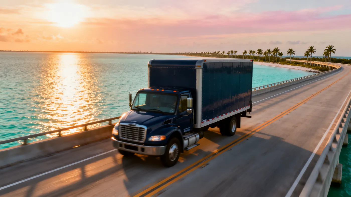 PORTWAY truck crossing Tampa Bay at sunrise on a long-distance move