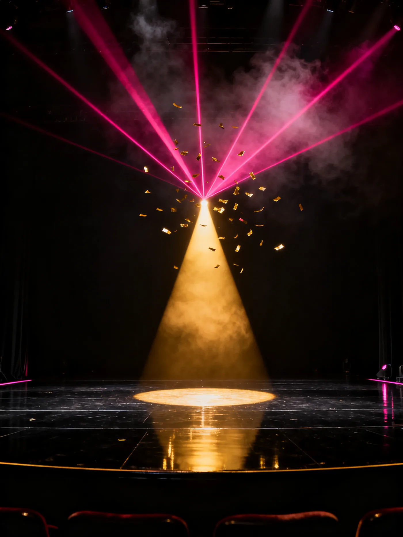 Escenario PULSO en penumbra, haz de oro y láseres magenta