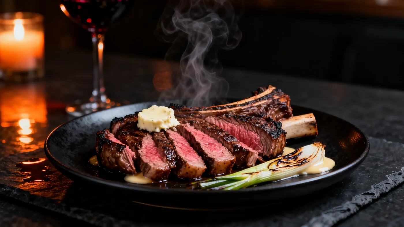 45-day dry-aged tomahawk, sliced medium-rare with bone-marrow butter