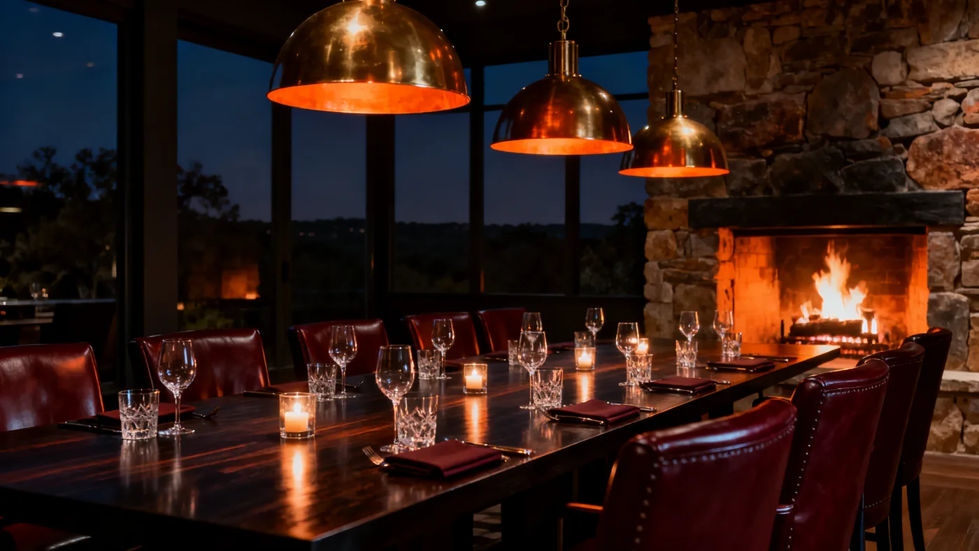 The Ember Room — private dining with stone fireplace and brass lamps