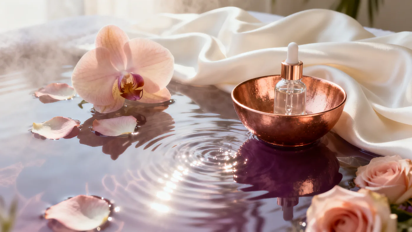 Rose petals floating on still water beside ivory silk