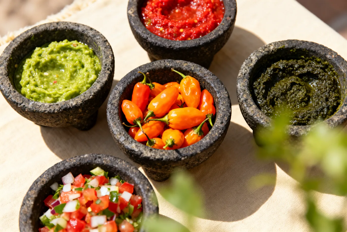 Barra de cinco salsas en molcajete