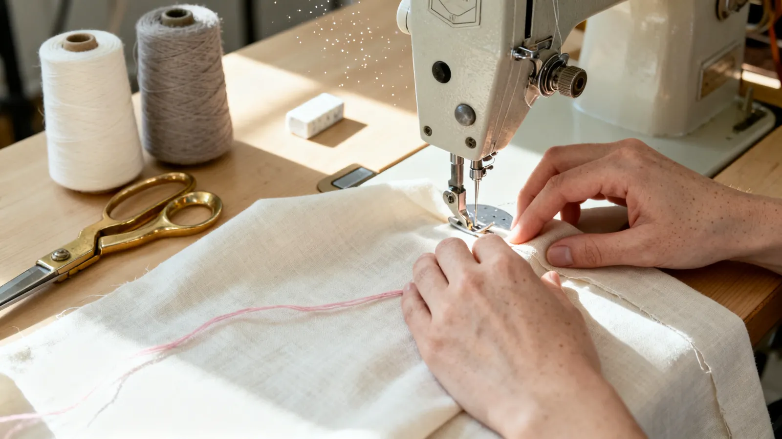 Linen under the needle in the atelier