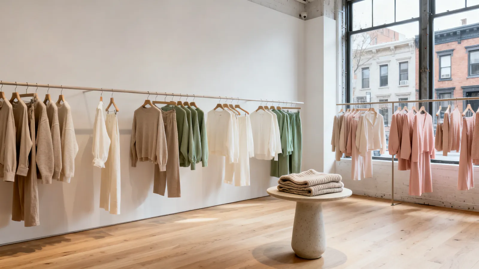 Sage and cream knitwear on the boutique rail