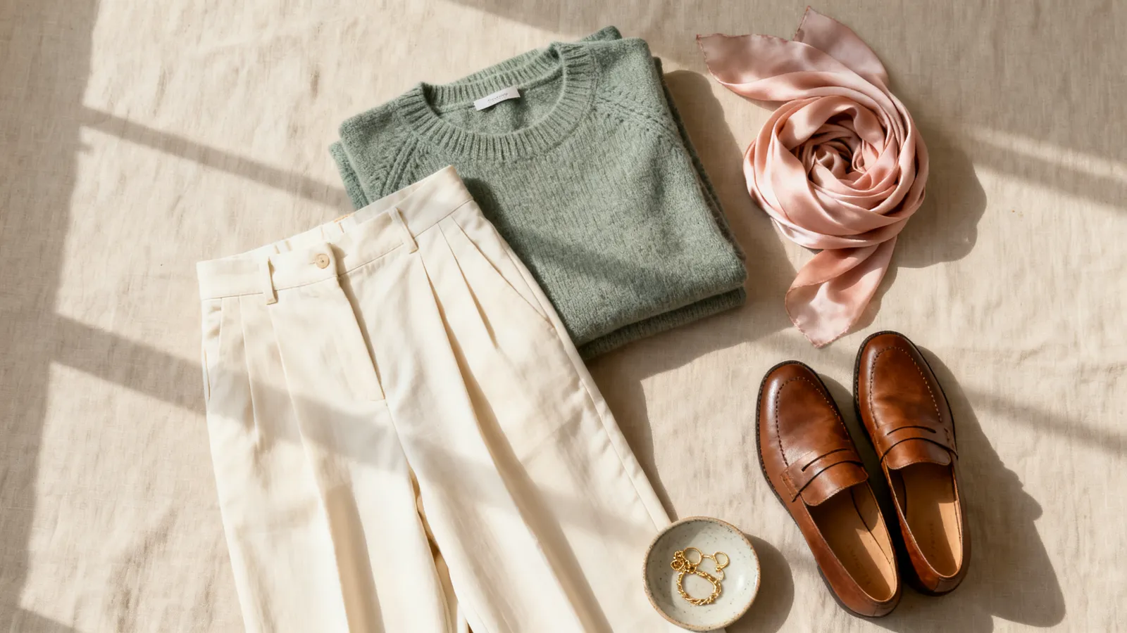 Cream wide-leg trousers folded in a flat-lay