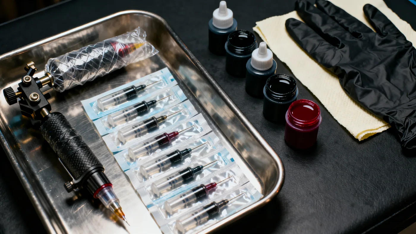 Sterile tattoo station: wrapped machine, sealed single-use cartridges, ink caps