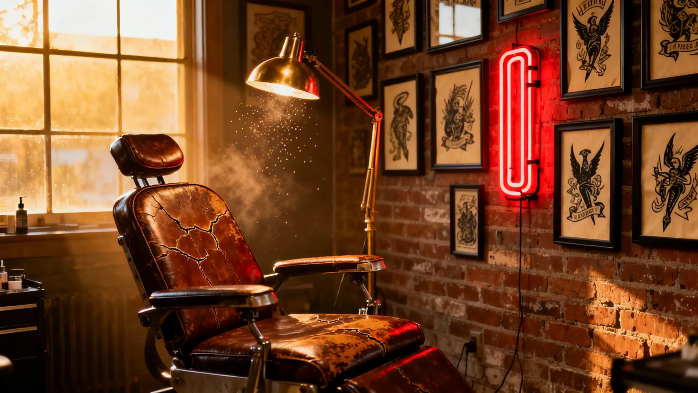 TINTA studio: leather chair, brick wall of framed flash, red neon