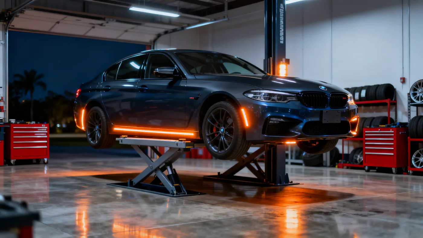 Concept automotive-service bay with a sedan raised on a two-post lift