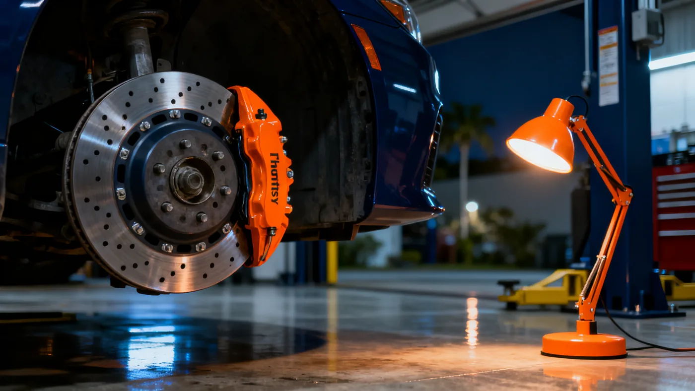 New drilled brake rotor and caliper under the work lamp