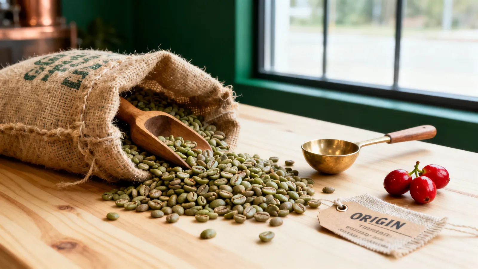 Green coffee beans spilling from a burlap sack