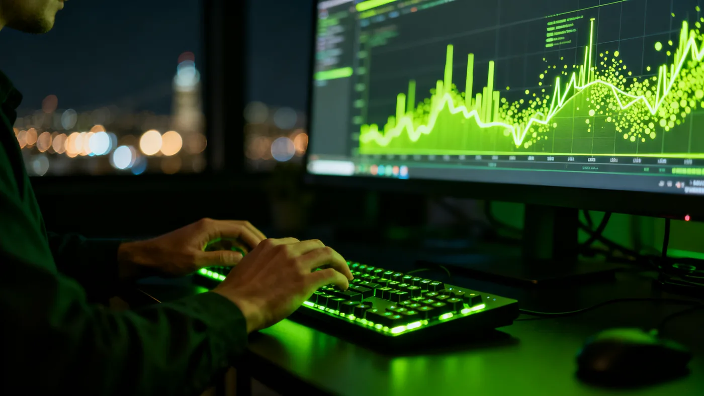 Engineer working late in front of a monitor full of live lime-green analytics charts