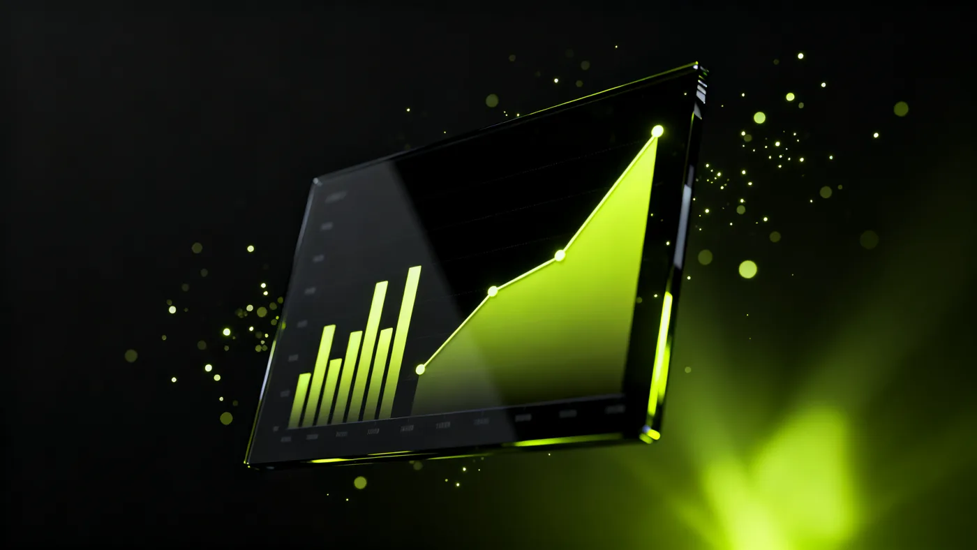 Vector analytics dashboard with rising line and bar charts glowing in lime on dark glass panels