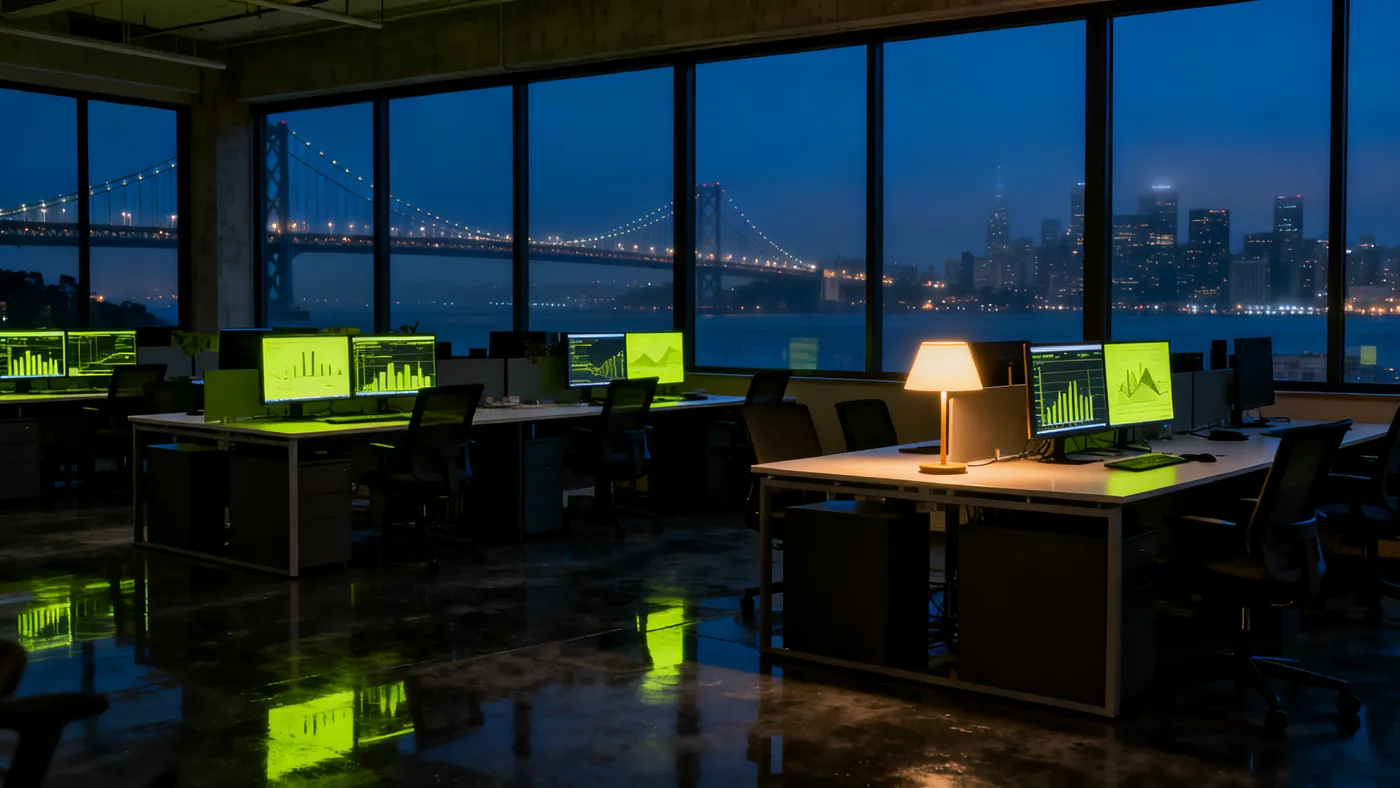 Concept workspace at night with analytics interfaces glowing on multiple monitors