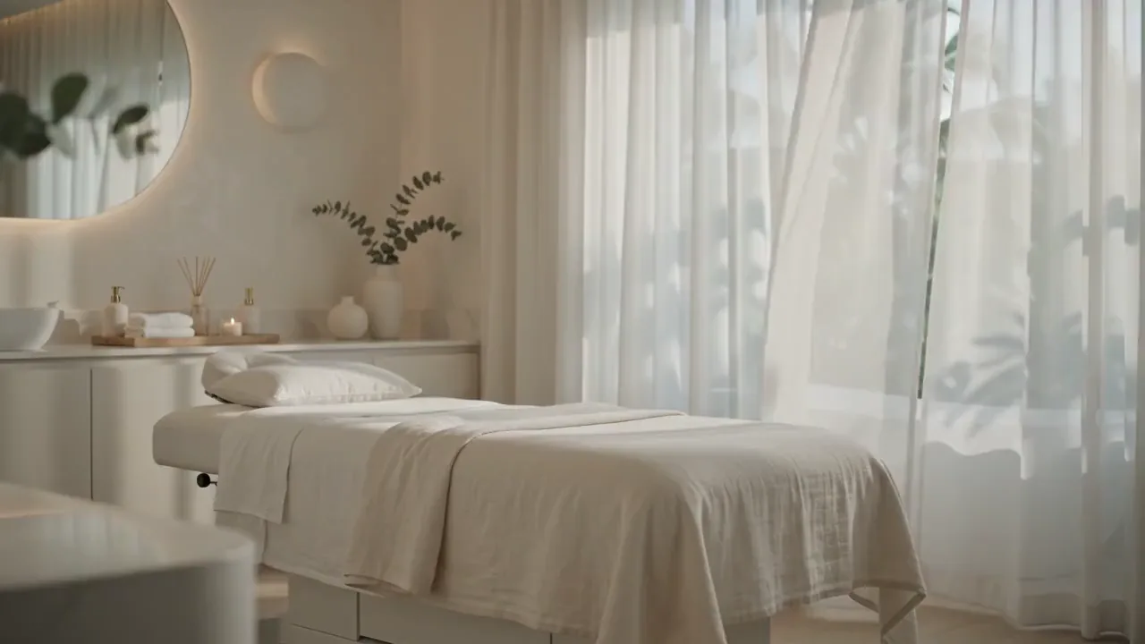 Warm porcelain treatment room with diffused daylight