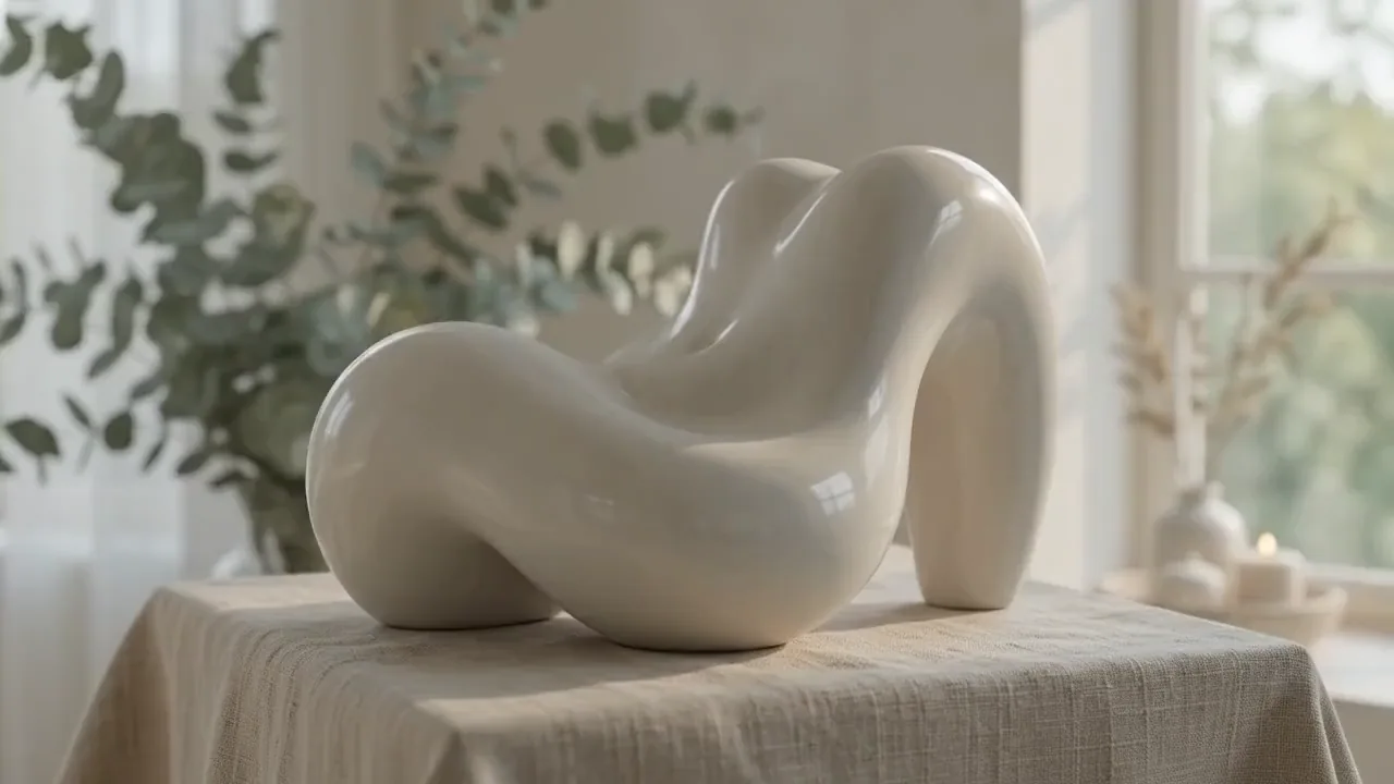 Non-anatomical porcelain sculpture on warm linen