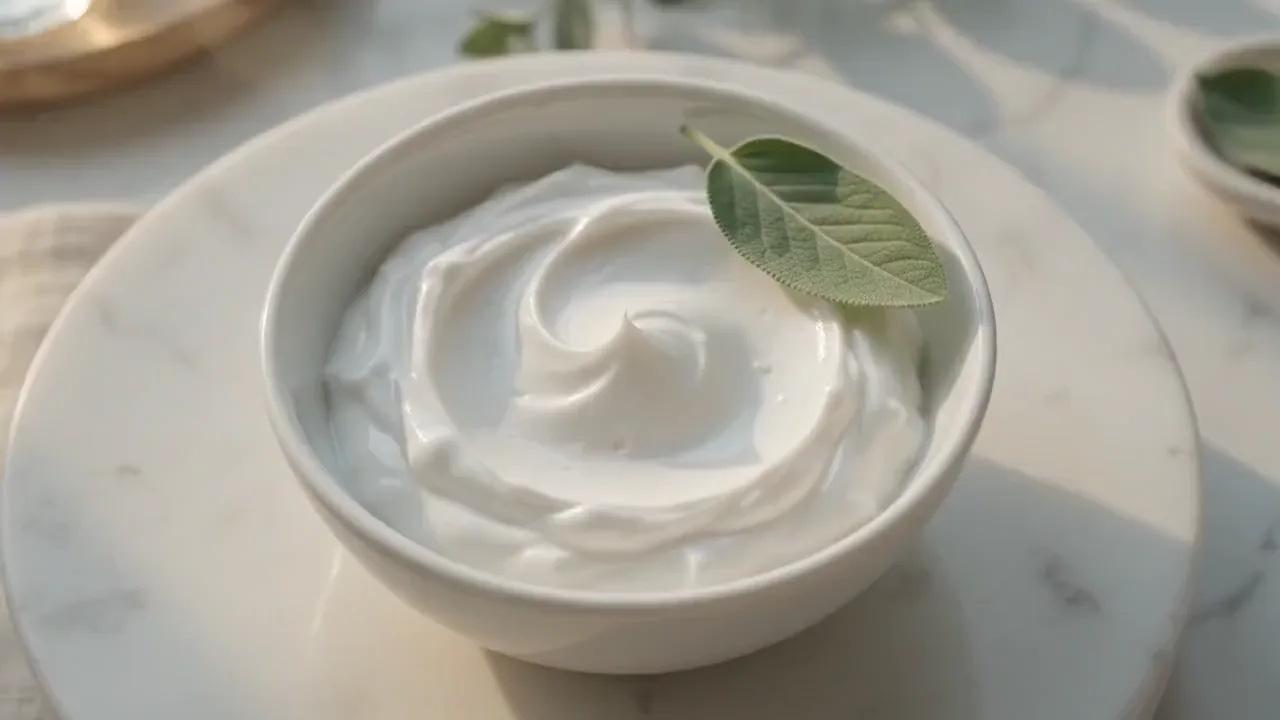 Overhead porcelain bowl ritual on pale marble