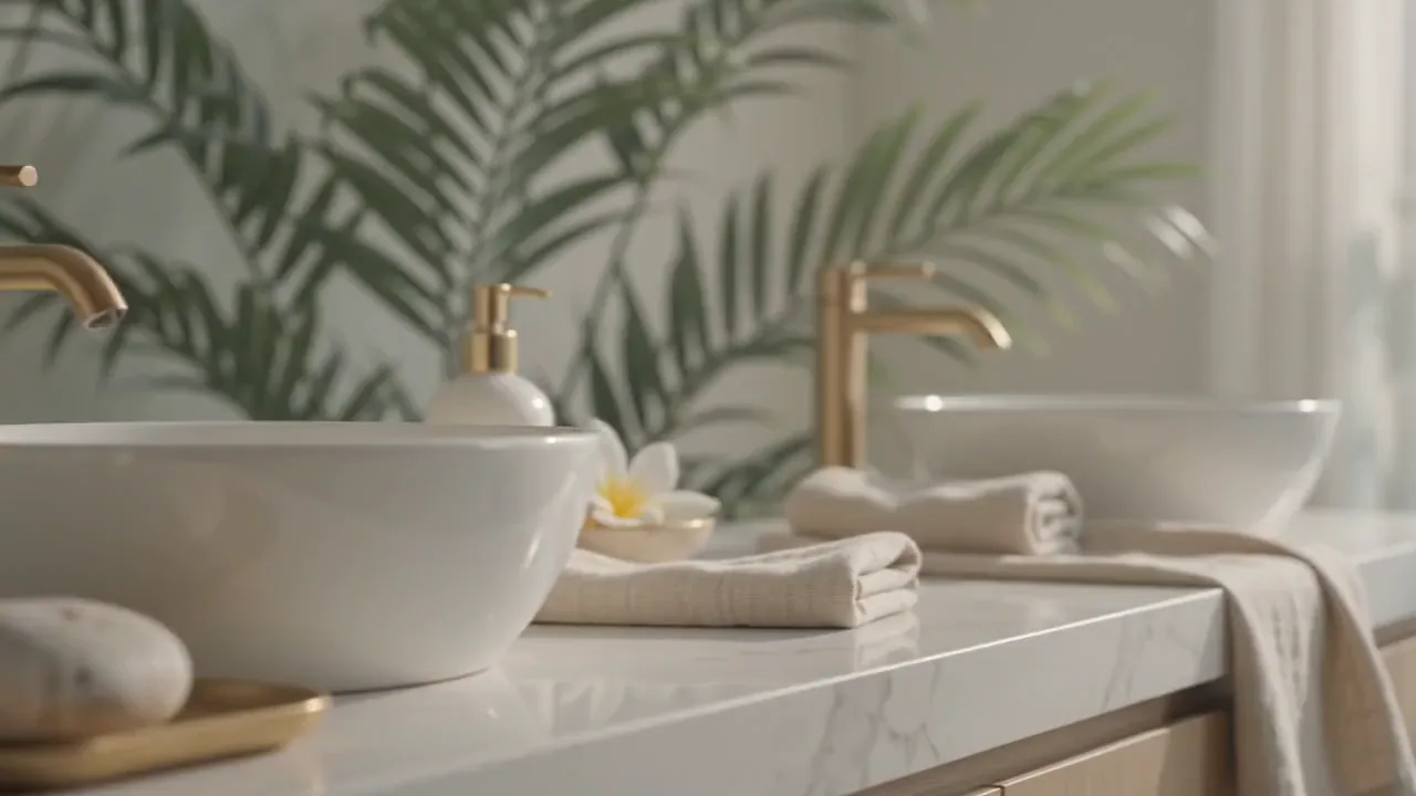 Porcelain bowls and pale-gold fixtures in soft light