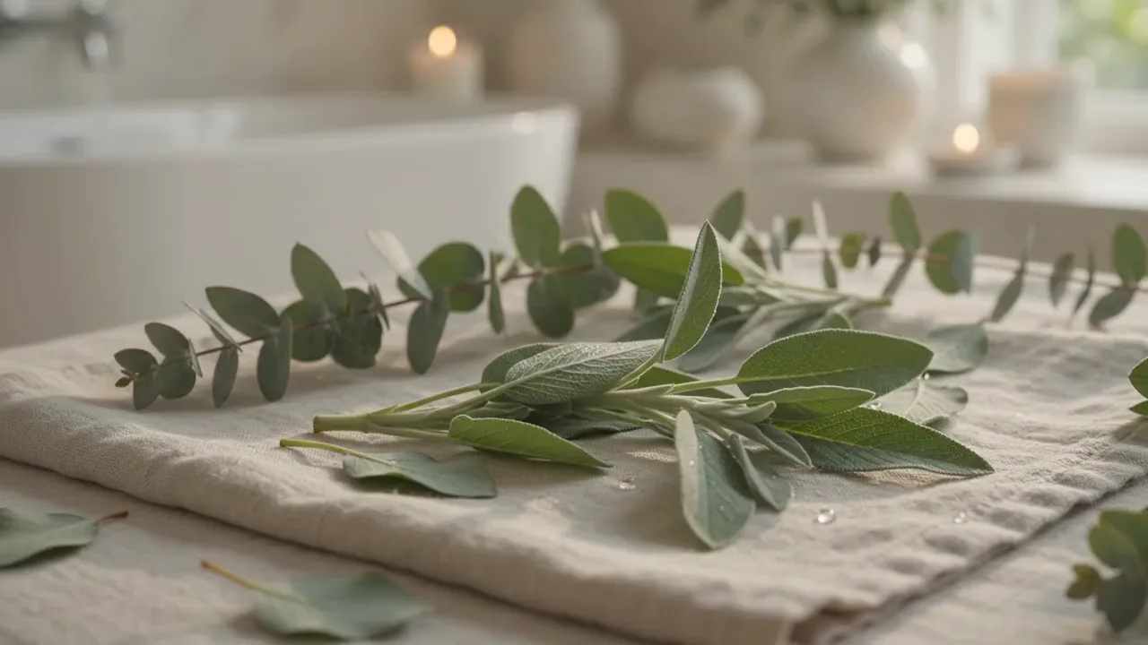 Sage and eucalyptus arranged on raw linen