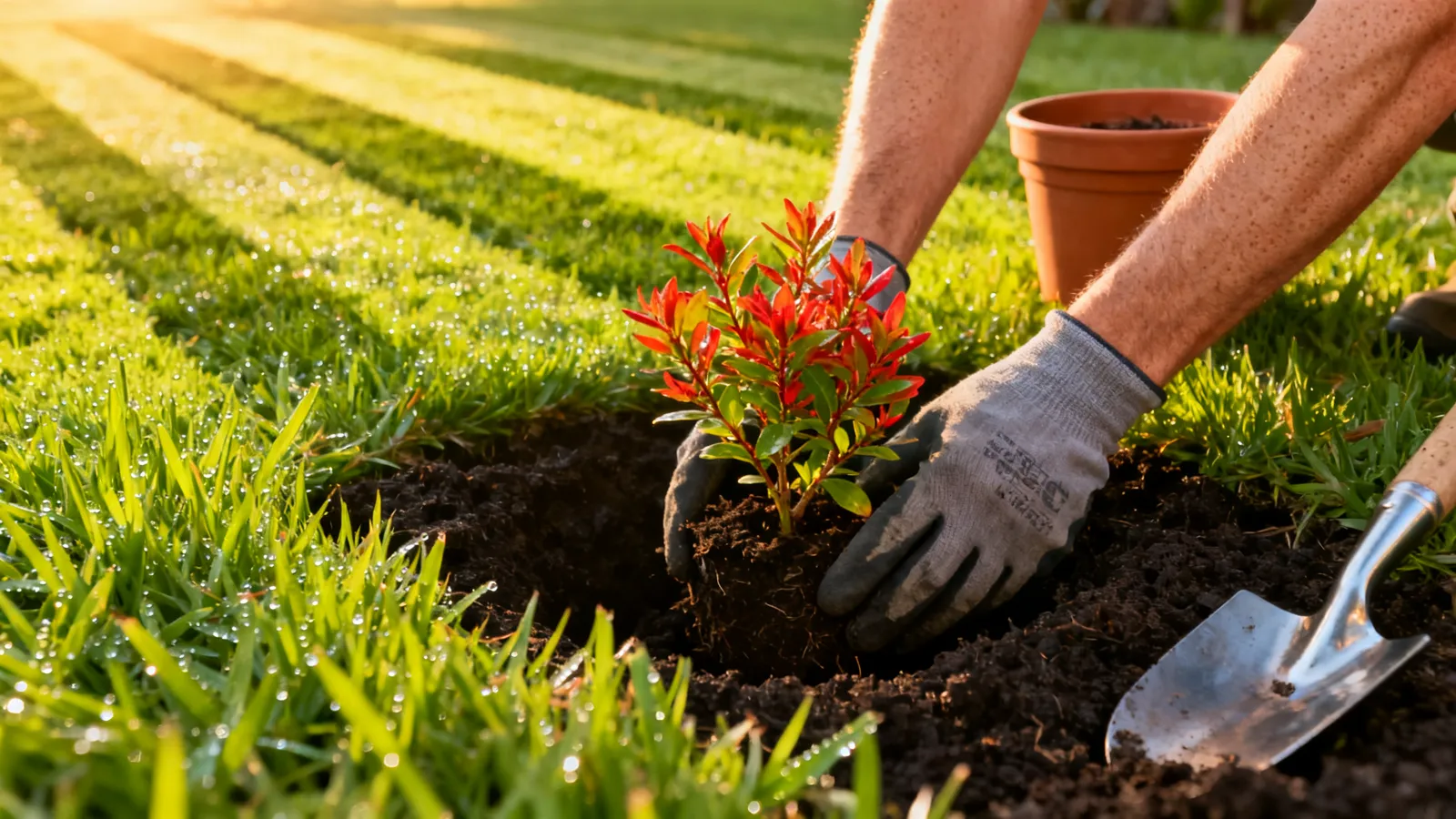 Gloved hands planting a native firebush seedling beside a striped lawn