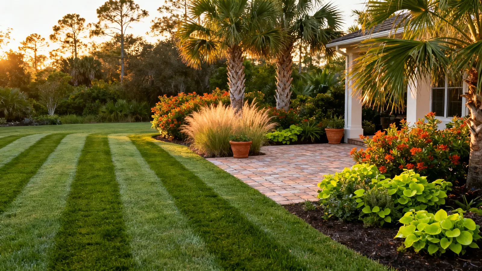 Perfect Orlando backyard with striped St. Augustine lawn, palms and native flowers at golden hour