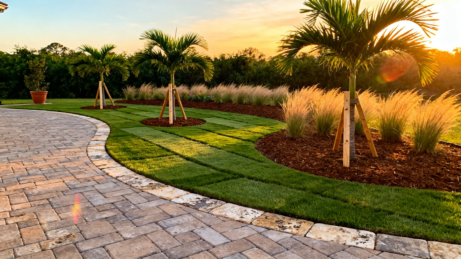 Landscape design — new paver walkway, fresh sod and native beds