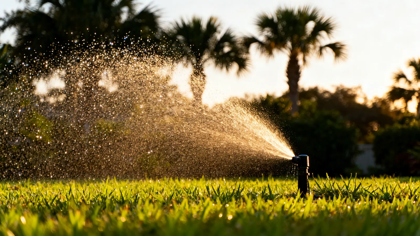 Sprinkler spraying a backlit mist over lush grass at sunrise